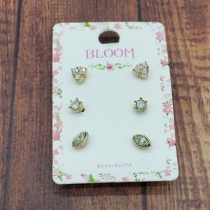 Set of 3 Small Stud Earrings- Gold tone, Stones